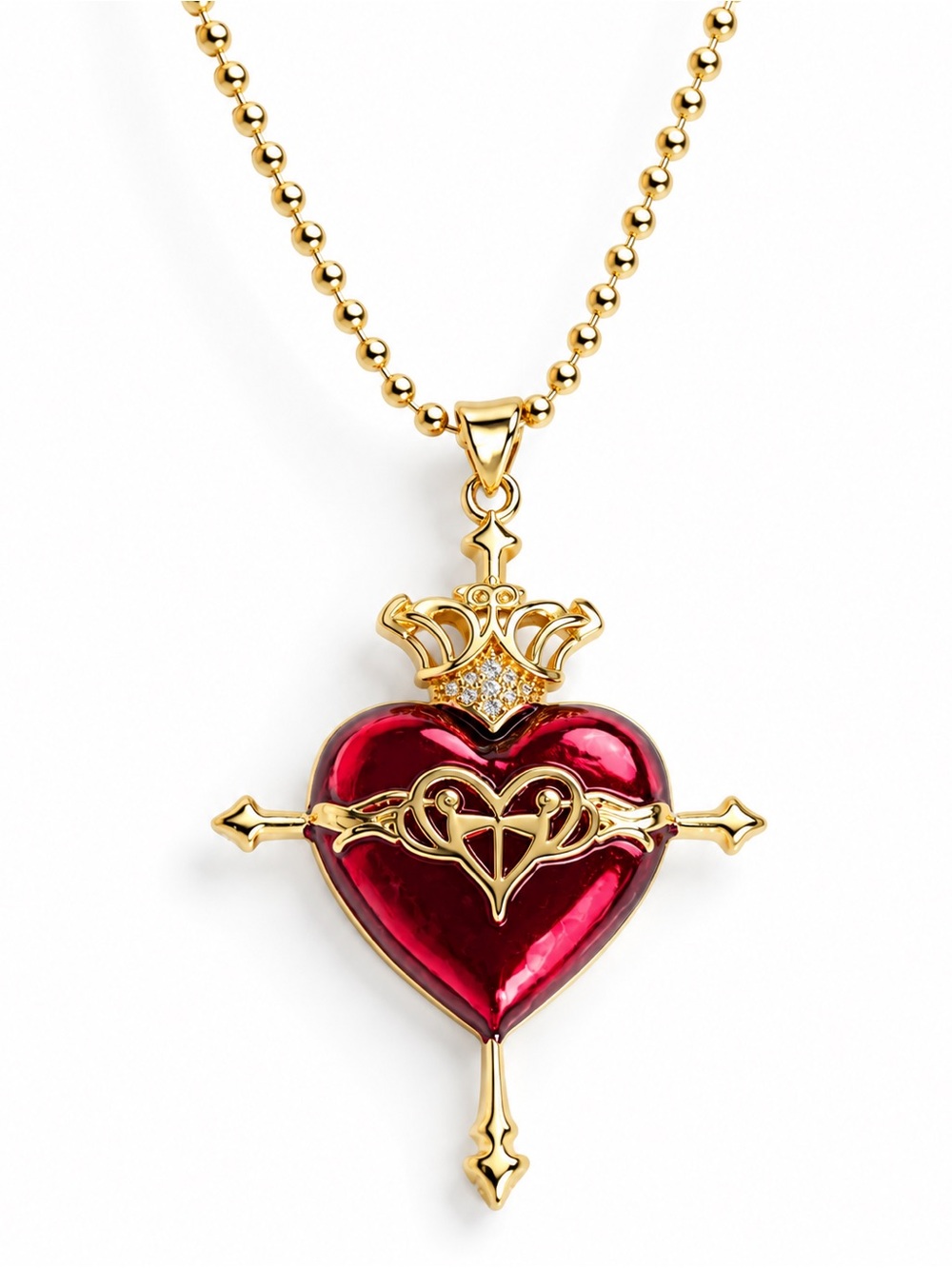 **Gold Vermeil Tudor Red Heart Necklace OOAK Renaissance Romantic Statement Jewe